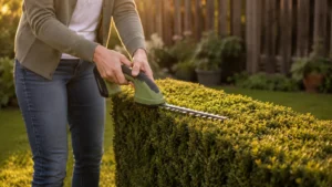 Person schneidet niedrige Buchsbaum-Hecke mit Akku-Grasschere und Hecken-Aufsatz im Abendlicht