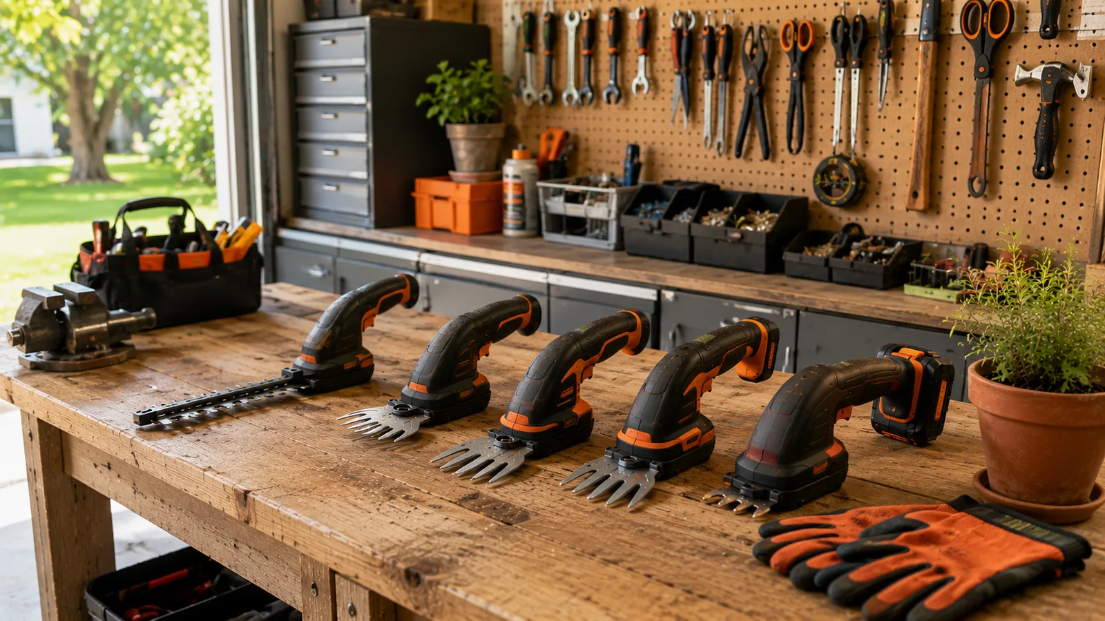 Werkstatt mit orange-schwarzen Akku-Grasscheren auf Holzbank, Werkzeugwand mit Schraubendrehern und Zangen