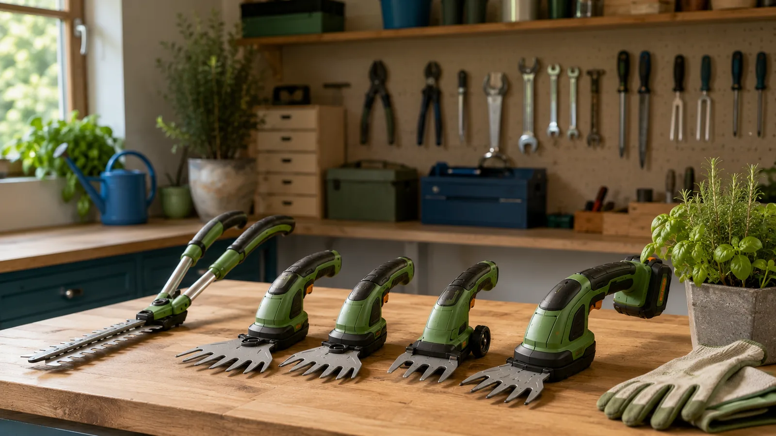 Hobby-Werkstatt mit grünen Akku-Grasscheren auf Holzbank, im Hintergrund Pegboard mit Werkzeug und Pflanzen