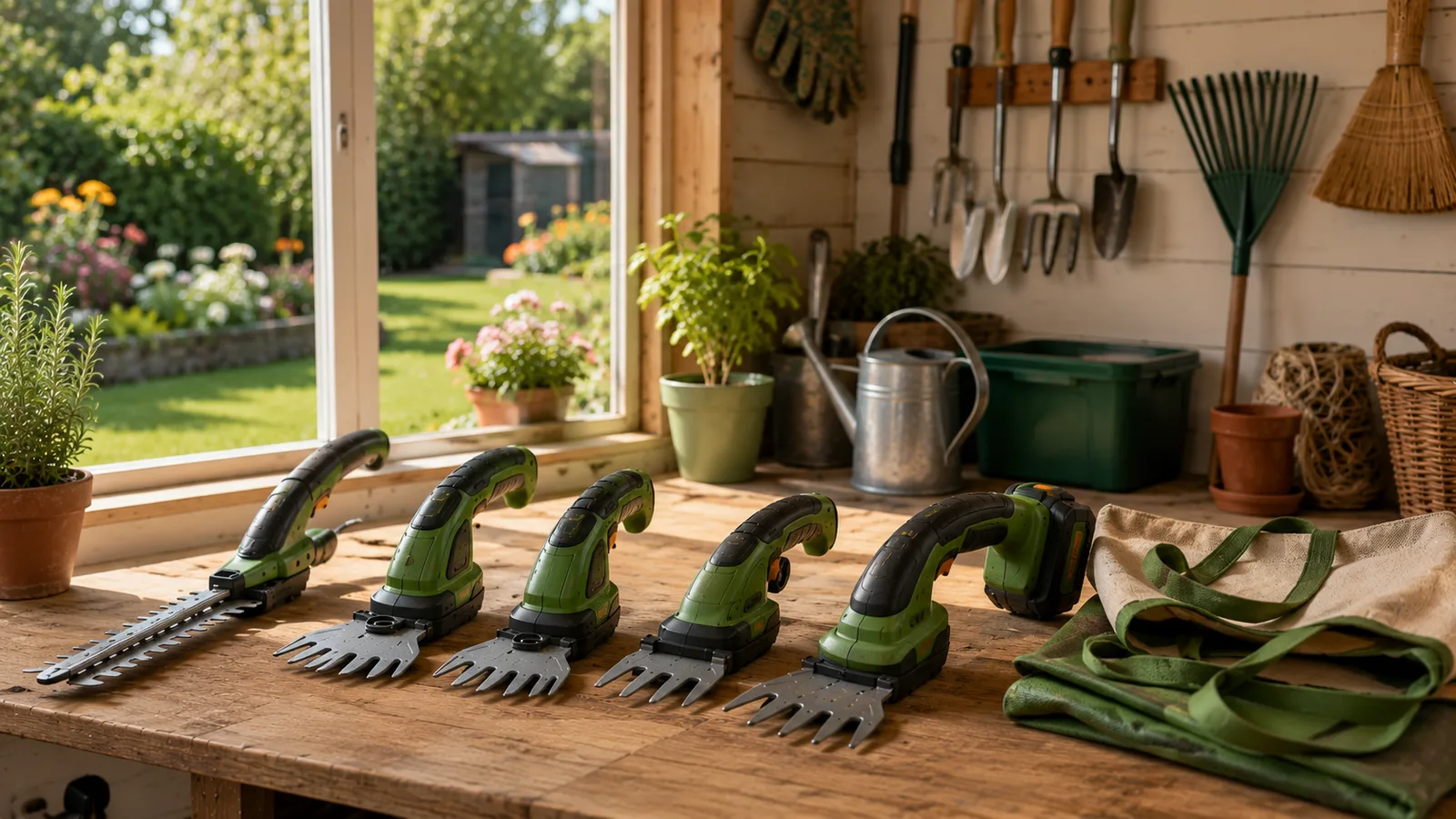 Helle freundliche Werkstatt mit fünf einfachen Akku-Grasscheren auf Holzbank und Versand-Tasche