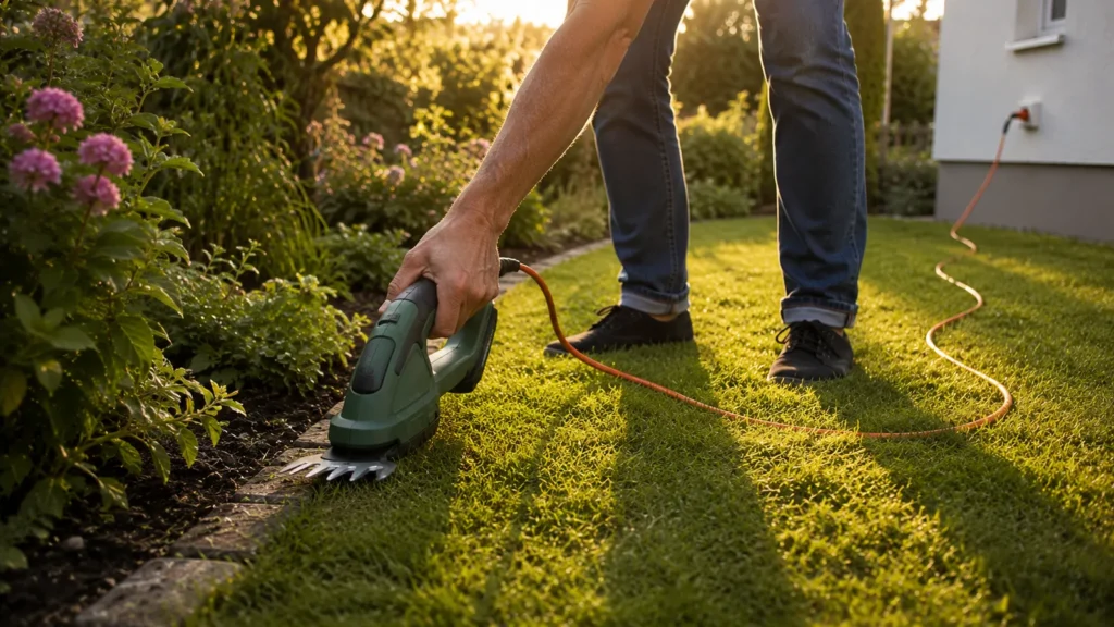 Elektrische Grasschere mit orangem Kabel beim Schneiden einer Rasenkante am Beet