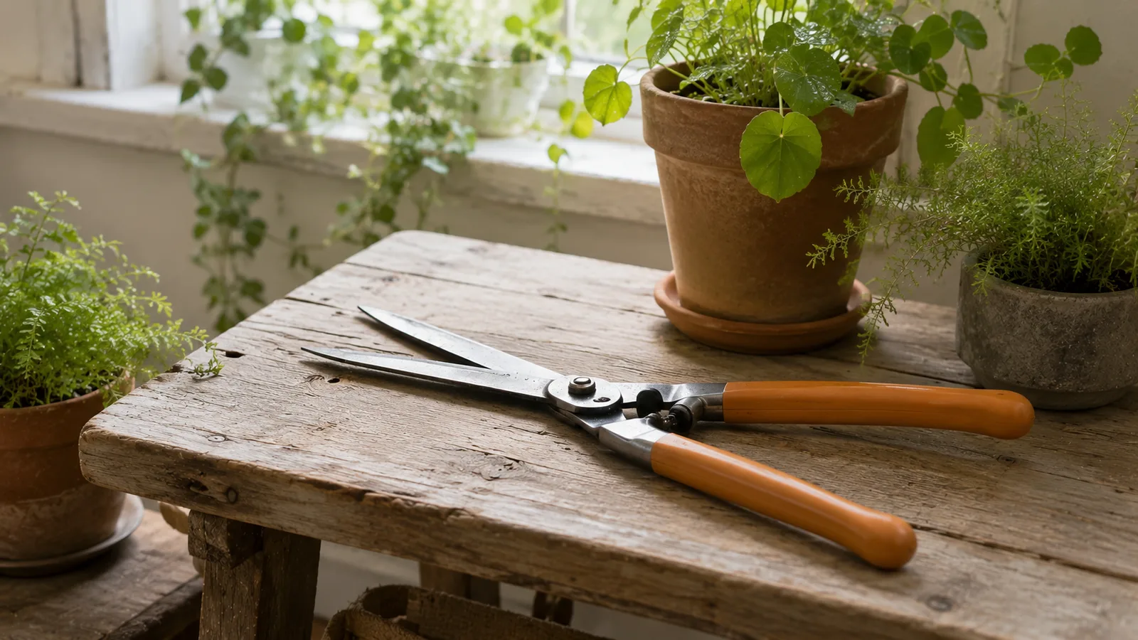 Klassische mechanische Grasschere mit orangen Holzgriffen auf einer Holzplatte, neben Pflanzen-Töpfen