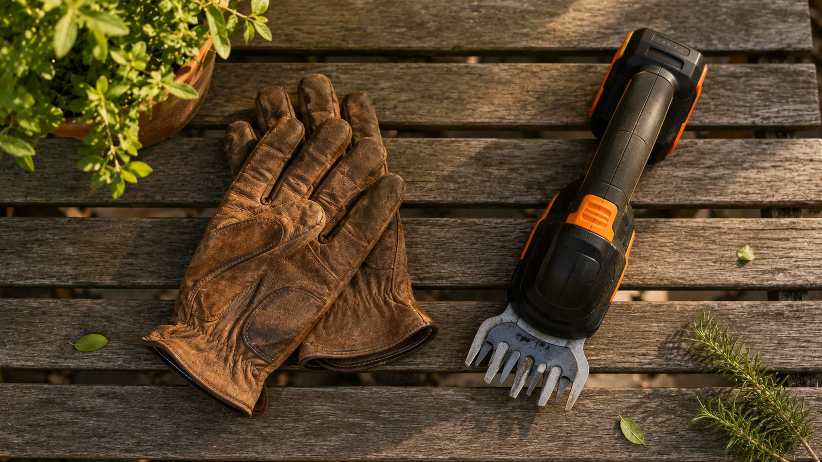 Leder-Garten-Handschuhe und Akku-Grasschere auf einem Holzdeck