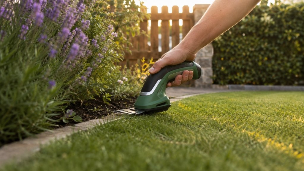 Akku-Grasschere im Einsatz an einer Rasenkante mit Lavendel und Holzzaun