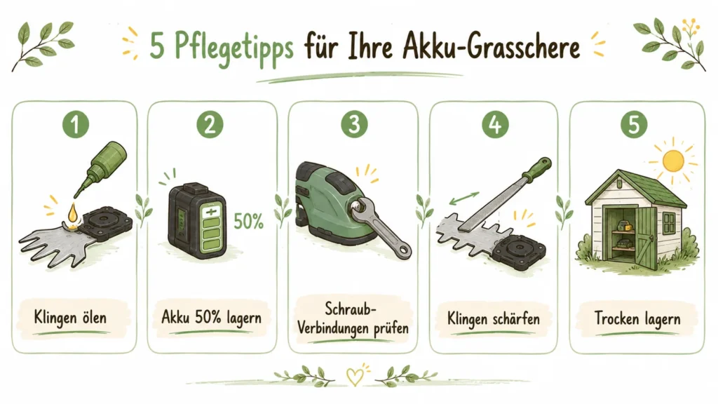 Infografik 5 Pflegetipps: Klingen ölen, Akku auf 50 Prozent lagern, Schraub-Verbindungen prüfen, Klingen schärfen, trocken lagern