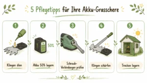 Infografik 5 Pflegetipps: Klingen ölen, Akku auf 50 Prozent lagern, Schraub-Verbindungen prüfen, Klingen schärfen, trocken lagern