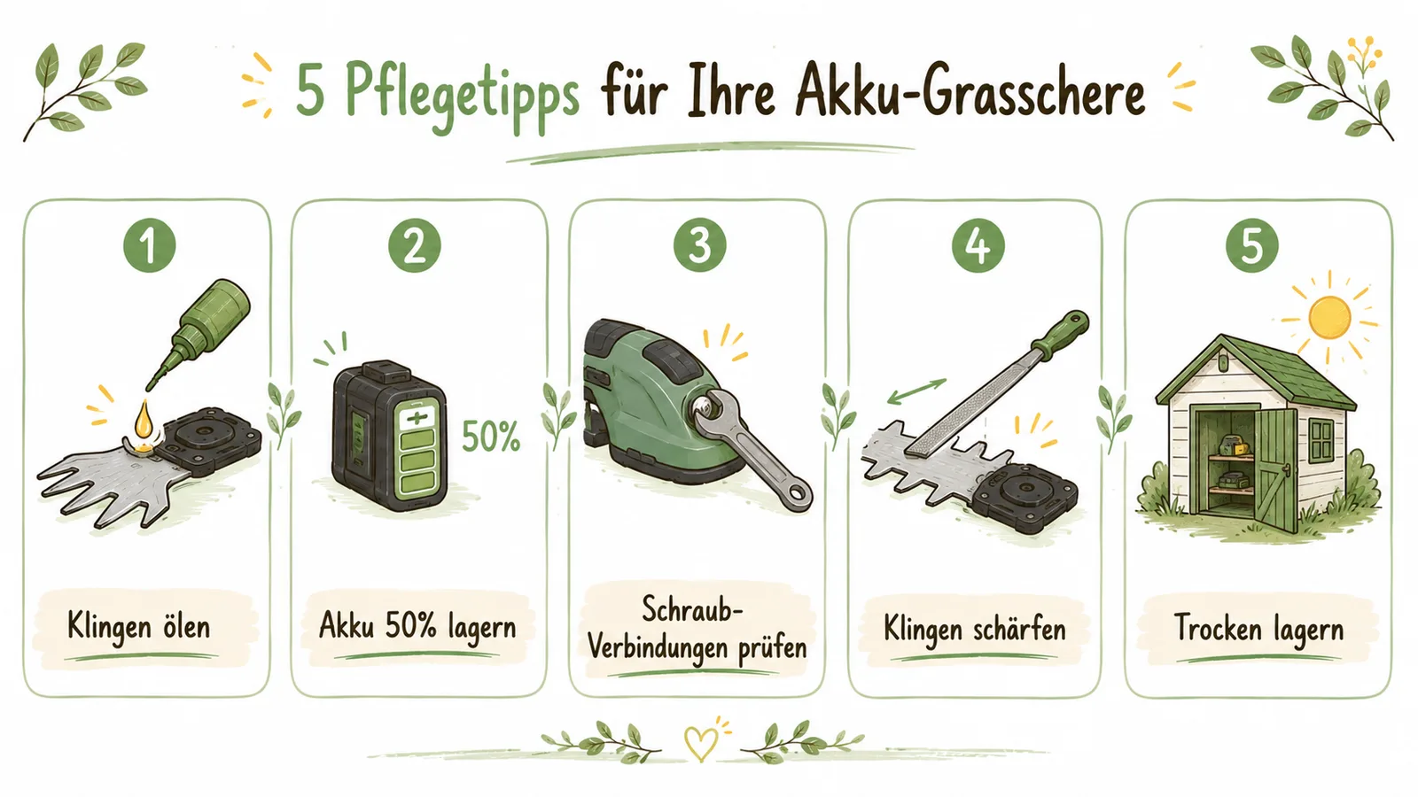 Infografik 5 Pflegetipps: Klingen ölen, Akku auf 50 Prozent lagern, Schraub-Verbindungen prüfen, Klingen schärfen, trocken lagern
