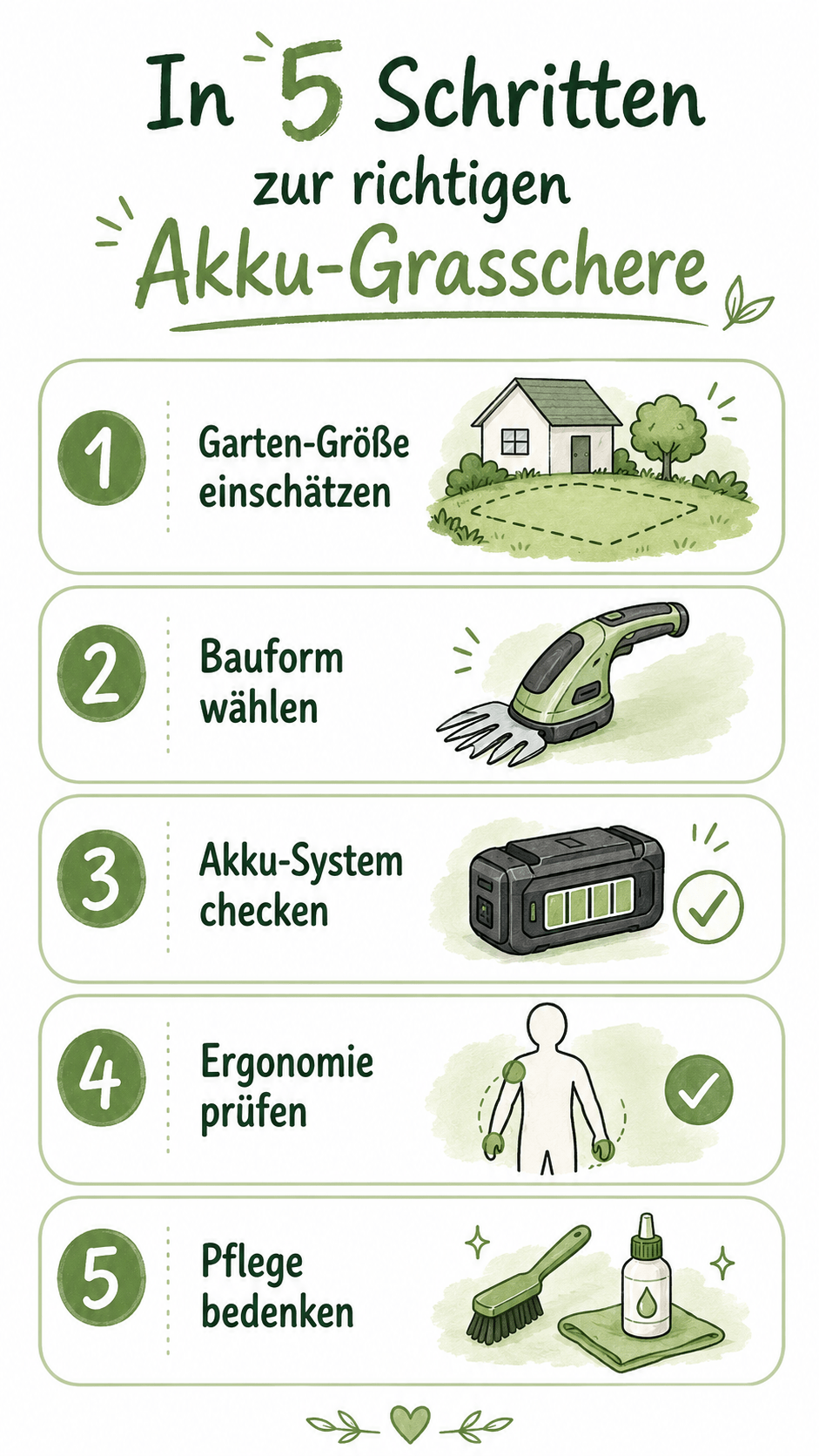 Infografik: In 5 Schritten zur richtigen Akku-Grasschere - Garten-Größe, Bauform, Akku-System, Ergonomie, Pflege