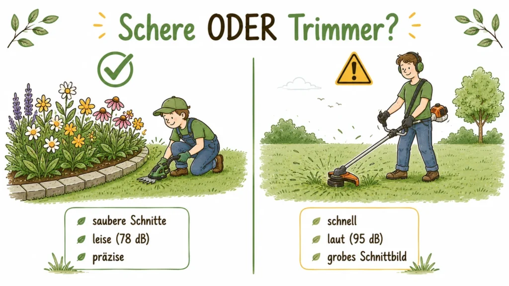 Vergleich Akku-Grasschere versus Akku-Trimmer: Schere für saubere, leise und präzise Schnitte; Trimmer schnell, lauter und mit grobem Schnittbild
