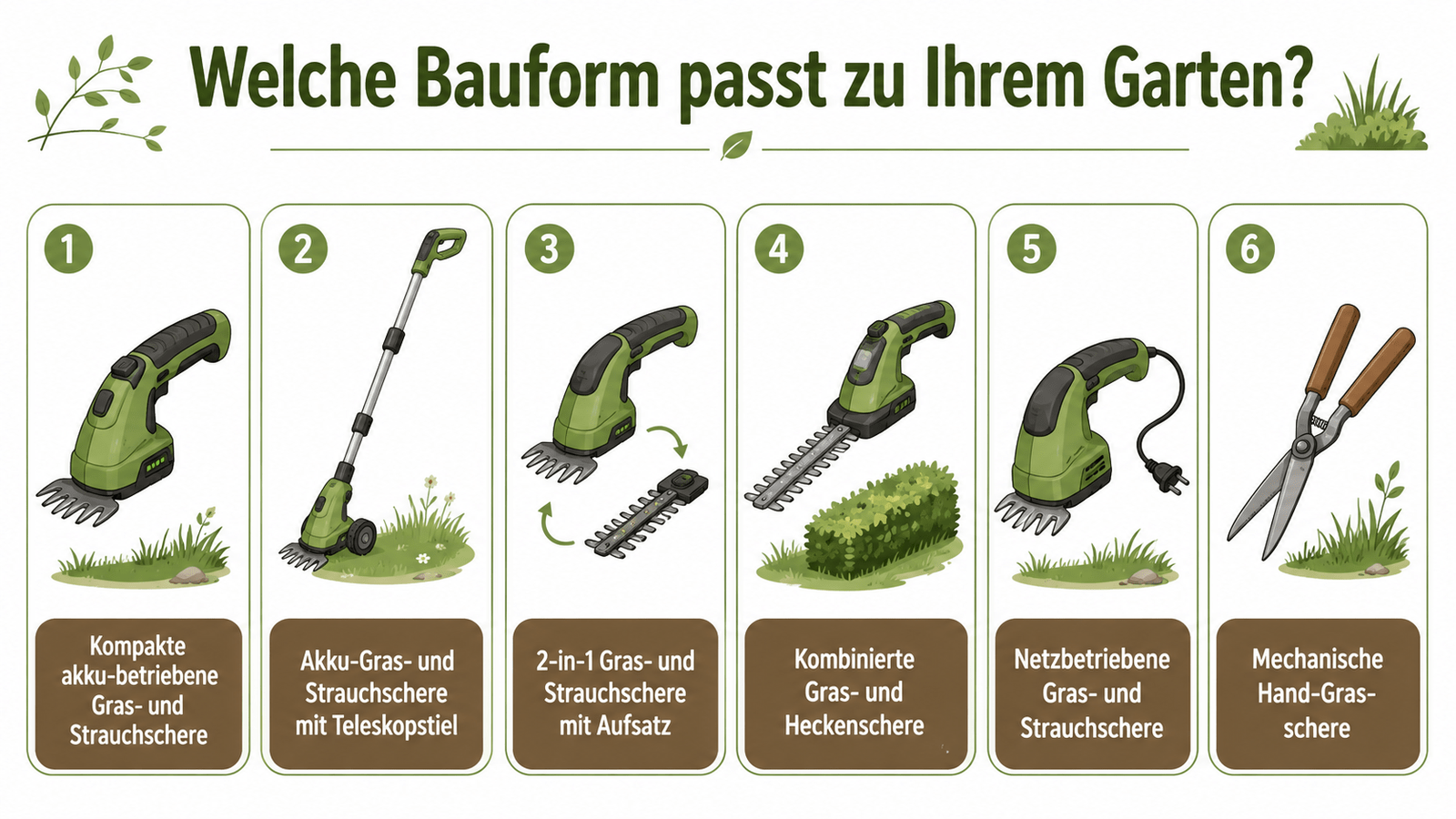 Infografik mit 6 Bauformen von Akku-Grasscheren im Vergleich