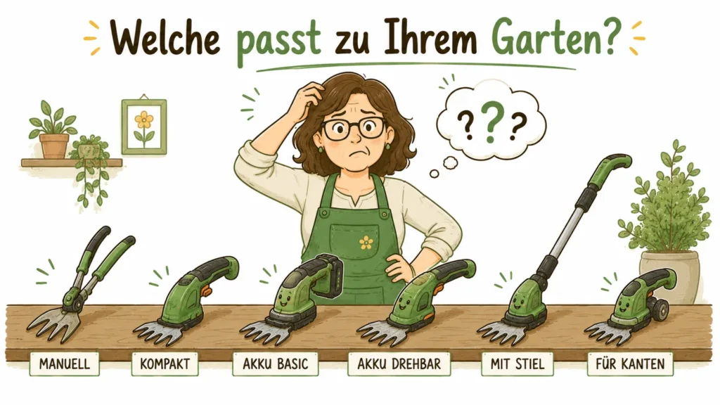 Cartoon-Infografik: Frau mit Fragezeichen wählt aus 6 Akku-Grasscheren — manuell, kompakt, Akku-Basis, drehbar, mit Stiel, für Kanten