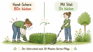 Infografik-Vergleich: Hand-Schere bedeutet 80-mal Bücken, Akku-Grasschere mit Stiel null Mal