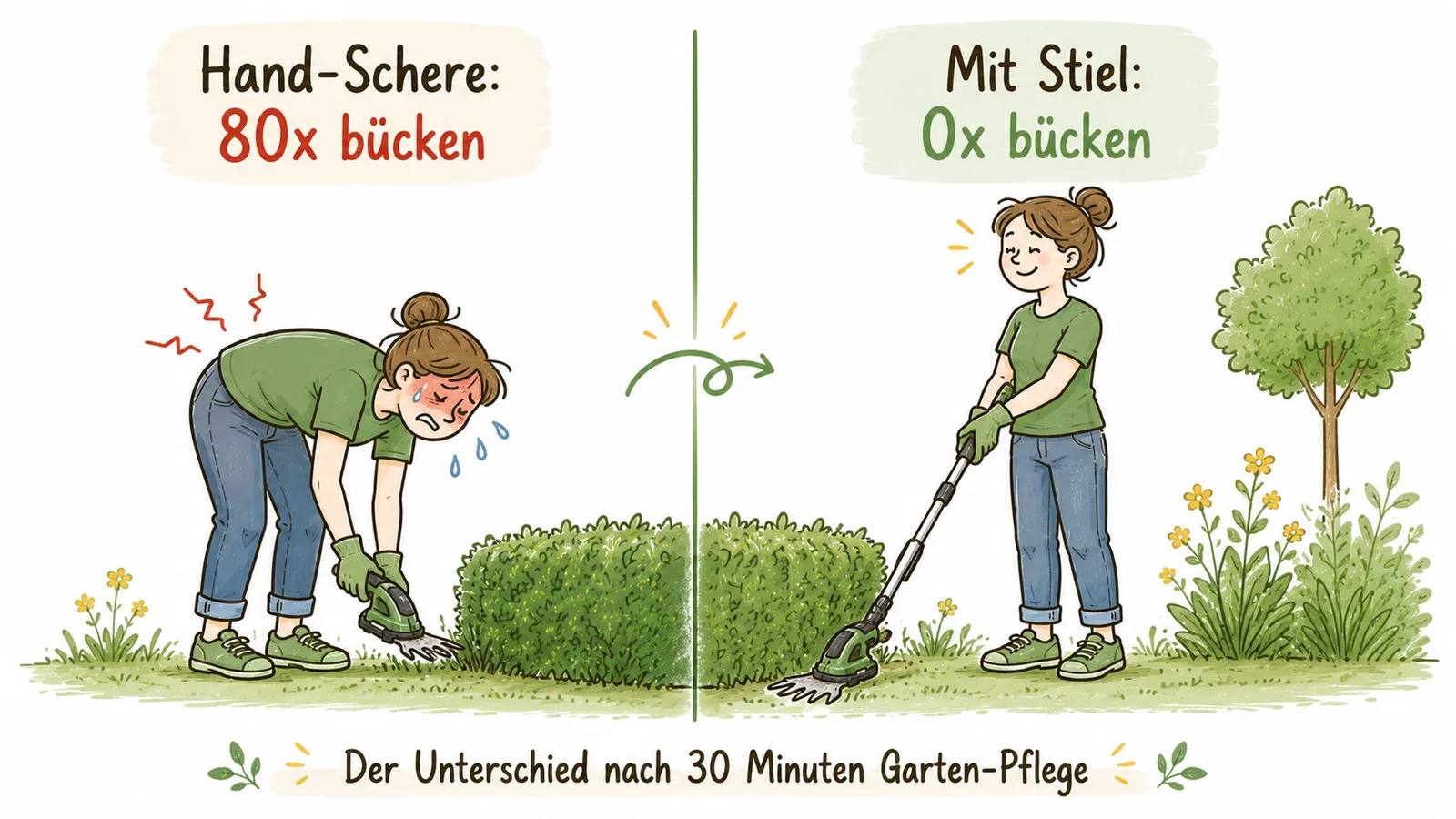 Infografik-Vergleich: Hand-Schere bedeutet 80-mal Bücken, Akku-Grasschere mit Stiel null Mal