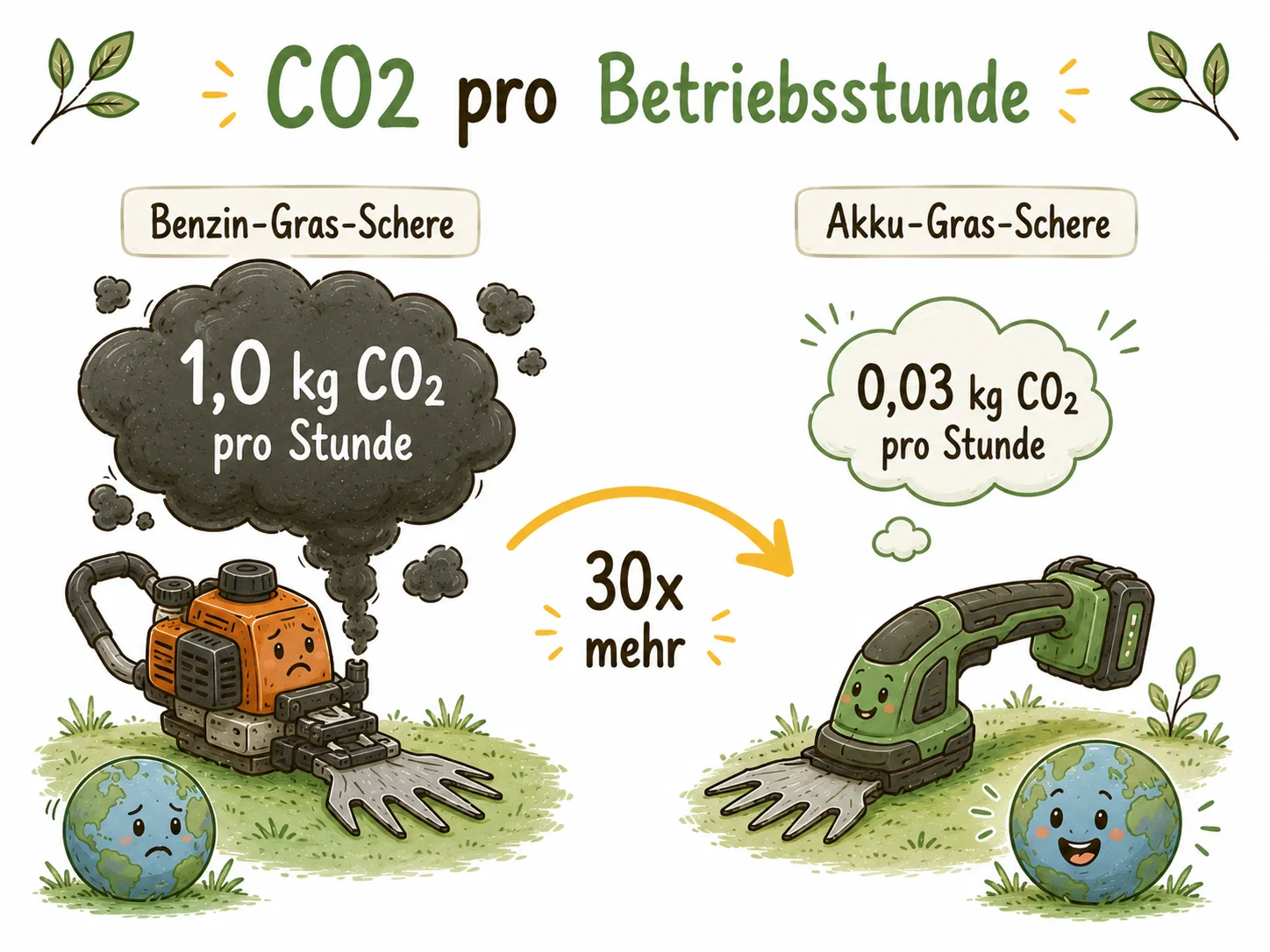 Infografik CO2-Ausstoß pro Betriebsstunde: Benzin-Grasschere 1,0 Kilogramm, Akku-Grasschere 0,03 Kilogramm: 30-mal weniger