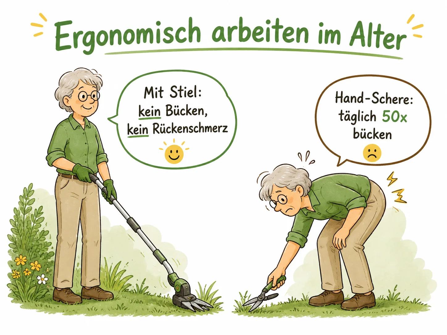 Cartoon-Vergleich Senioren-Ergonomie: Person mit Stiel-Schere ohne Bücken versus Person mit Hand-Schere die täglich 50 Mal bückt