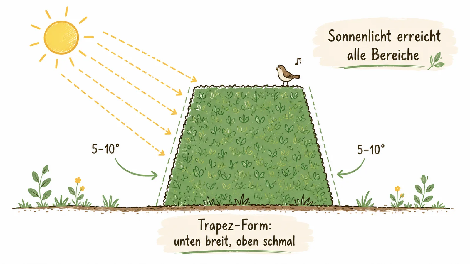 Infografik: Hecke in Trapez-Form mit 5 bis 10 Grad Neigung, damit Sonnenlicht alle Bereiche erreicht