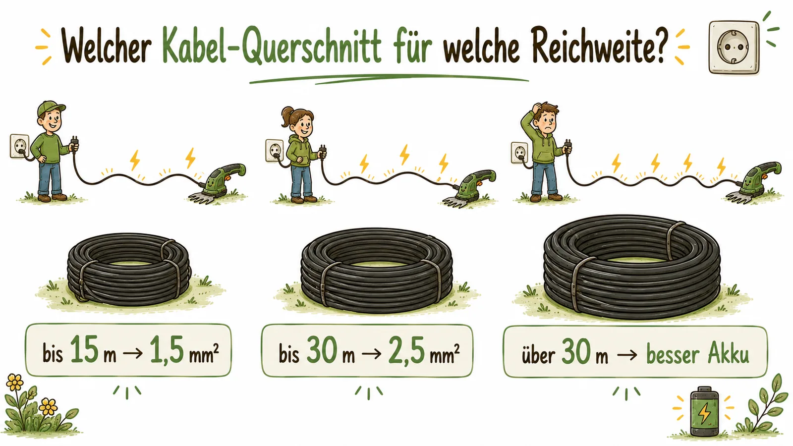 Infografik Kabel-Querschnitt: bis 15 Meter 1,5 Quadratmillimeter, bis 30 Meter 2,5 Quadratmillimeter, über 30 Meter besser Akku-Variante
