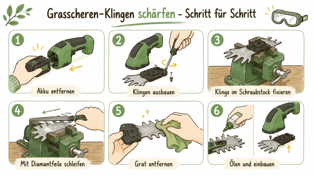 Infografik 6-Schritte: Akku entfernen, Klingen ausbauen, im Schraubstock fixieren, mit Diamantfeile schleifen, Grat entfernen, ölen und einbauen