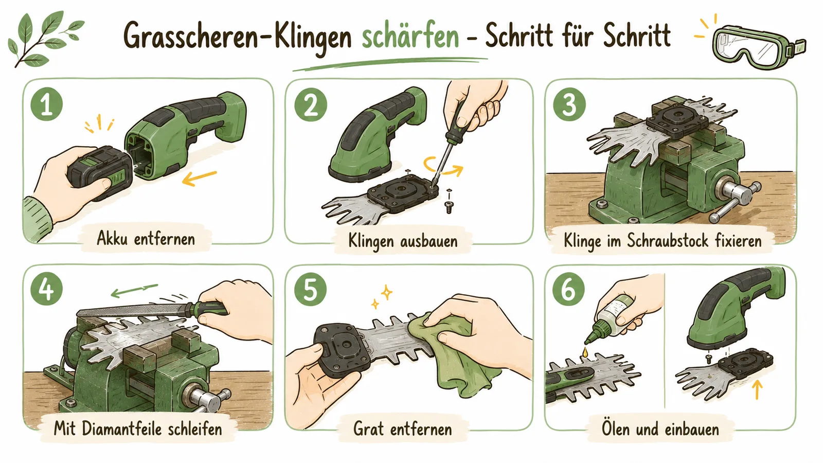 Infografik 6-Schritte: Akku entfernen, Klingen ausbauen, im Schraubstock fixieren, mit Diamantfeile schleifen, Grat entfernen, ölen und einbauen