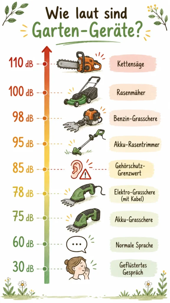 Lautstärke-Skala in Dezibel: Geflüstertes Gespräch 30, normale Sprache 60, Akku-Grasschere 75, Elektro-Grasschere 78, Gehörschutz-Grenzwert 85, Akku-Rasentrimmer 95, Benzin-Grasschere 98, Rasenmäher 100, Kettensäge 110