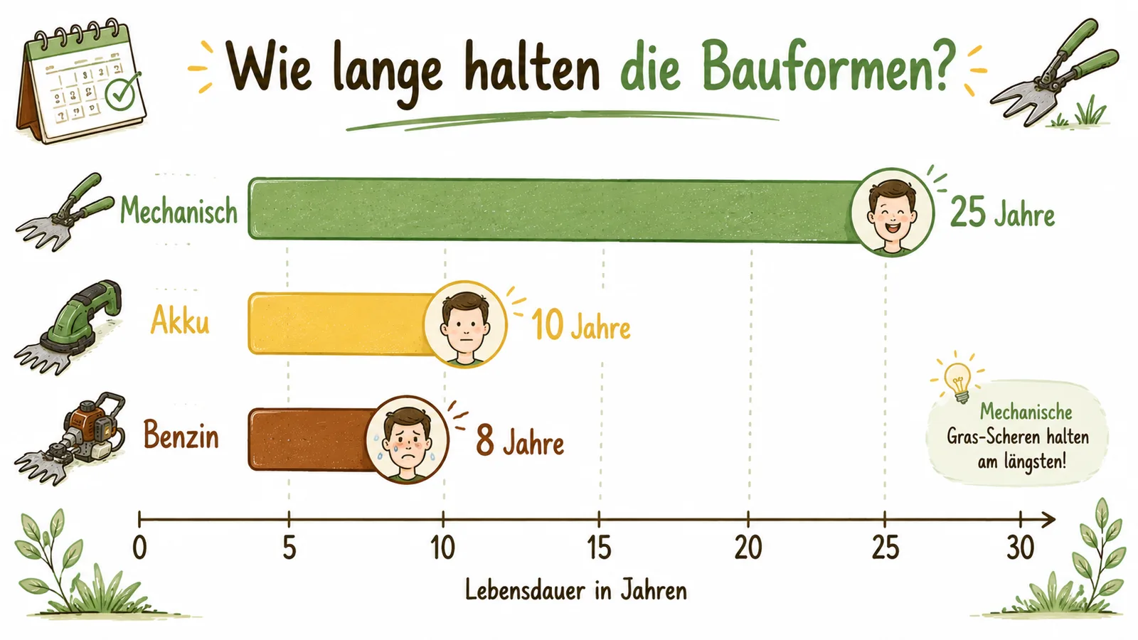Balken-Diagramm Lebensdauer: mechanische Grasschere 25 Jahre, Akku-Grasschere 10 Jahre, Benzin-Grasschere 8 Jahre