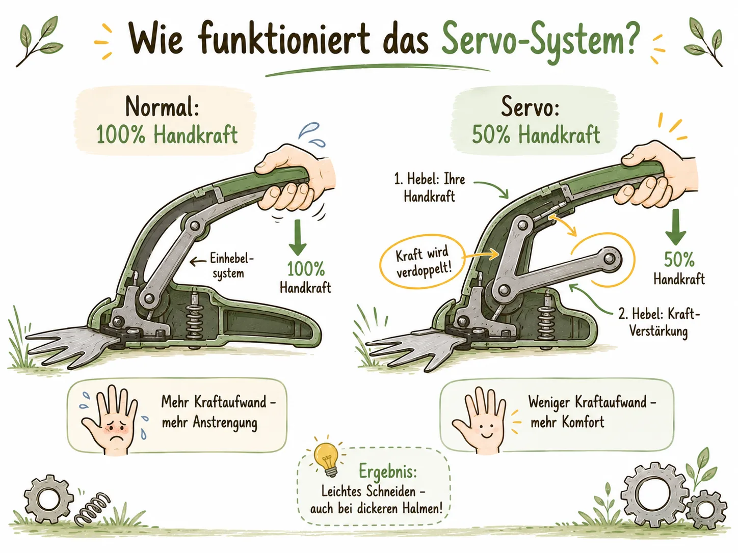 Infografik Servo-System: normaler Hebel mit 100 Prozent Handkraft versus zwei-Hebel-System mit nur 50 Prozent Handkraft bei gleicher Schnittleistung