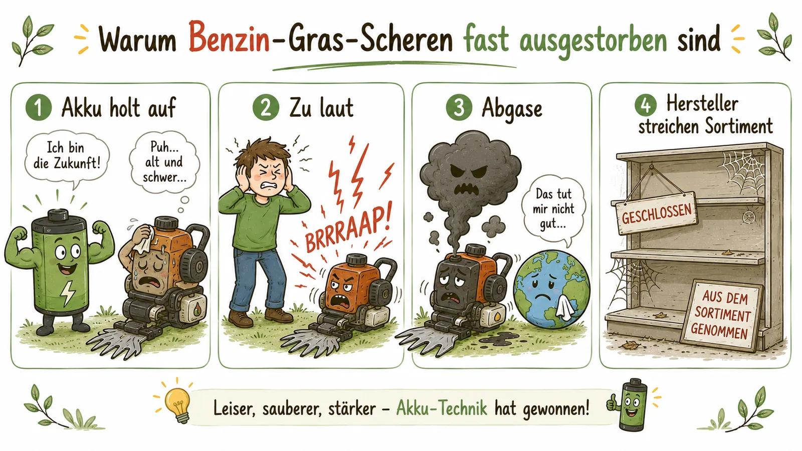Infografik 4-Panel: warum Benzin-Grasscheren aussterben: Akku holt auf, zu laut, Abgase, Hersteller streichen Sortiment