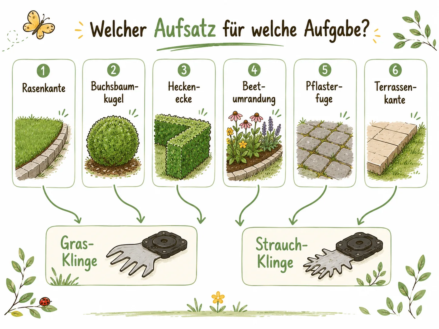 Infografik: Gras-Klinge für Rasenkante, Beet-Rand, Pflasterfugen und Terrassenkante; Strauch-Klinge für Buchsbaum-Kugel und Hecken-Ecke