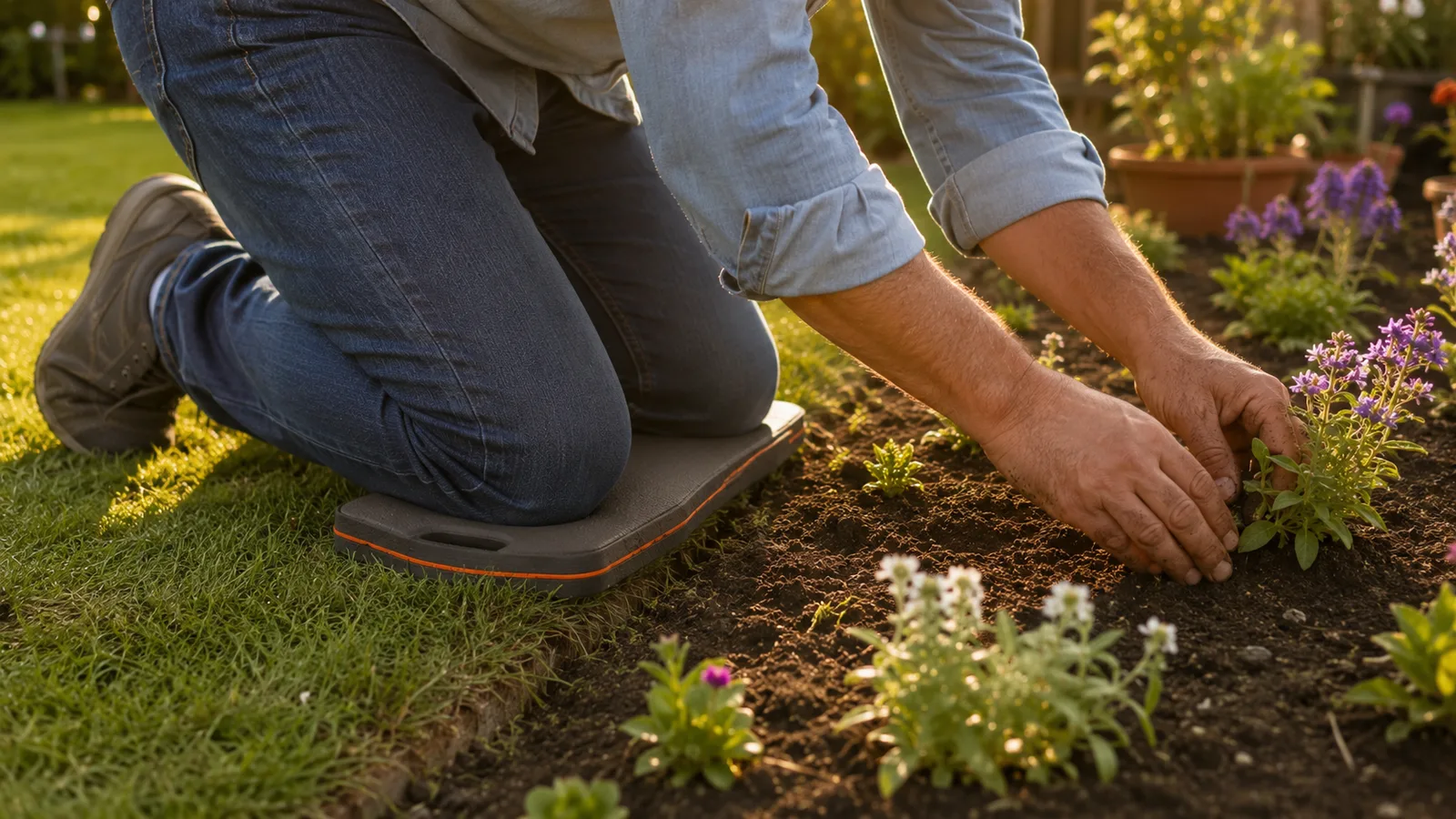 Person kniet auf einem Knieschoner und pflanzt Blumen am Beet