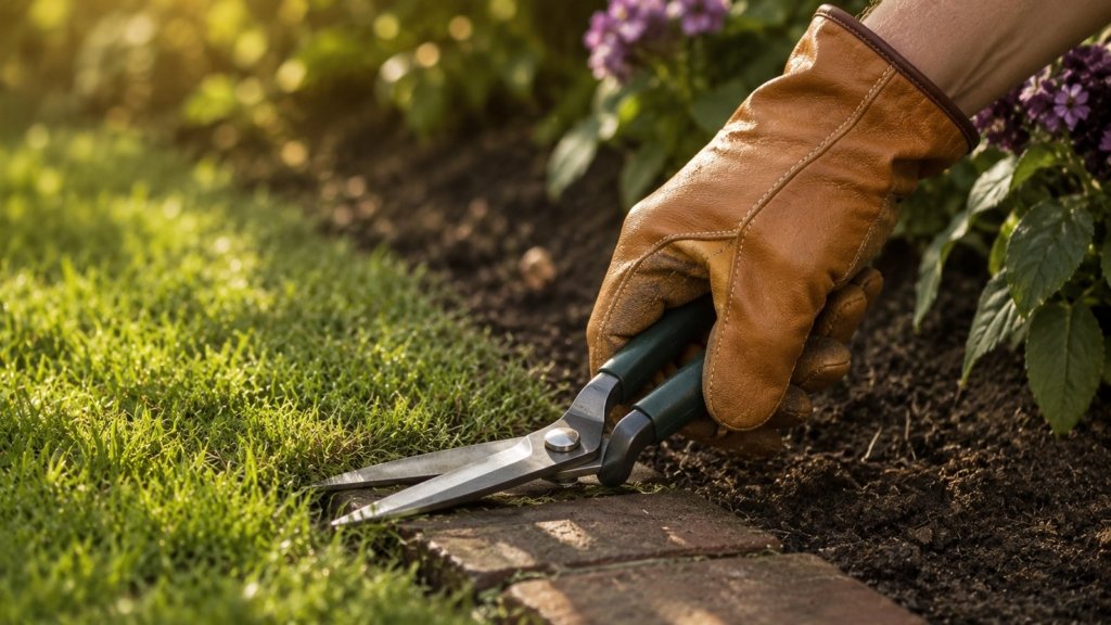 Mechanische Grasschere in einer mit Lederhandschuh geschuetzten Hand am Rasenkanten-Schnitt