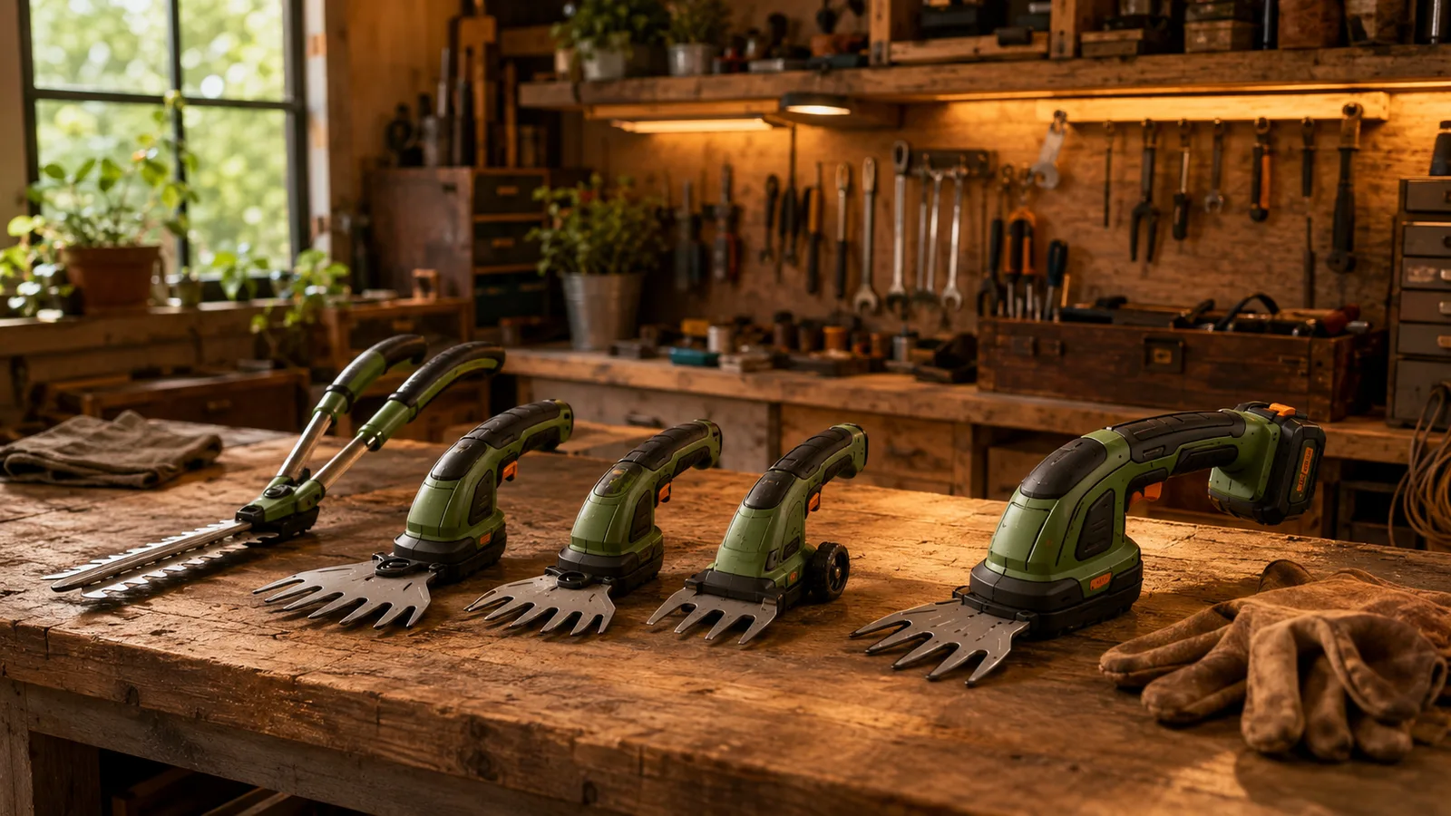 Aufgeräumte Werkstatt mit mehreren hochwertigen Akku-Grasscheren auf einer Holzbank, im Hintergrund Werkzeugwand