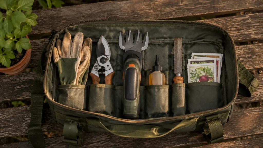 Geöffnete Werkzeug-Tasche mit Garten-Schere, Klingen, Pflege-Öl und Hand-Werkzeugen